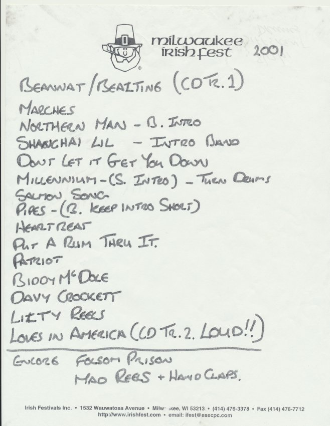 Different Drums of Ireland set list 2001 2/2